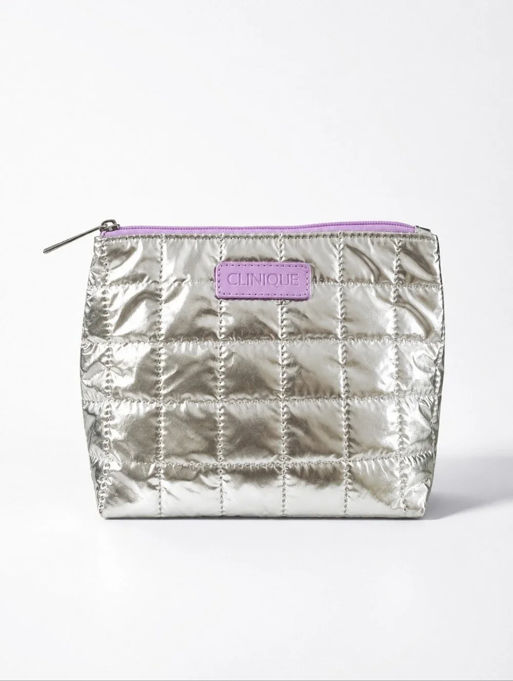Clinique Metallic Silver Quilted Cosmetic Puffer Makeup Bag NWOT